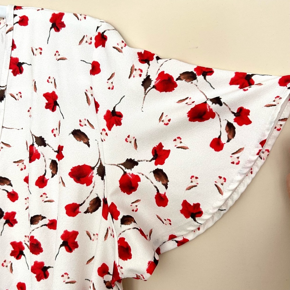Naggoo White Mini Wrap Dress with Red Floral Print and Tie Waist - Picture 5 of 9